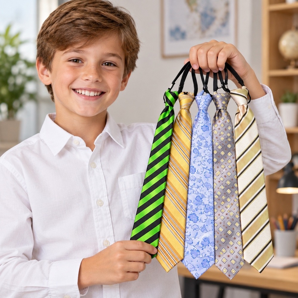 Boys Pre-Tied Zipper Necktie Lot of 5 Striped Floral Geometric Adjustable Ties